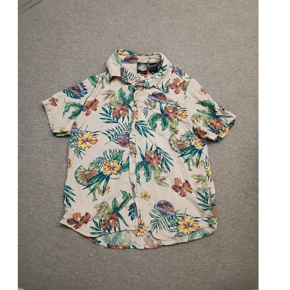 Jurassic World Kids Boys Medium Rayon Tropical Dinosaur Button Down Shirt Cream